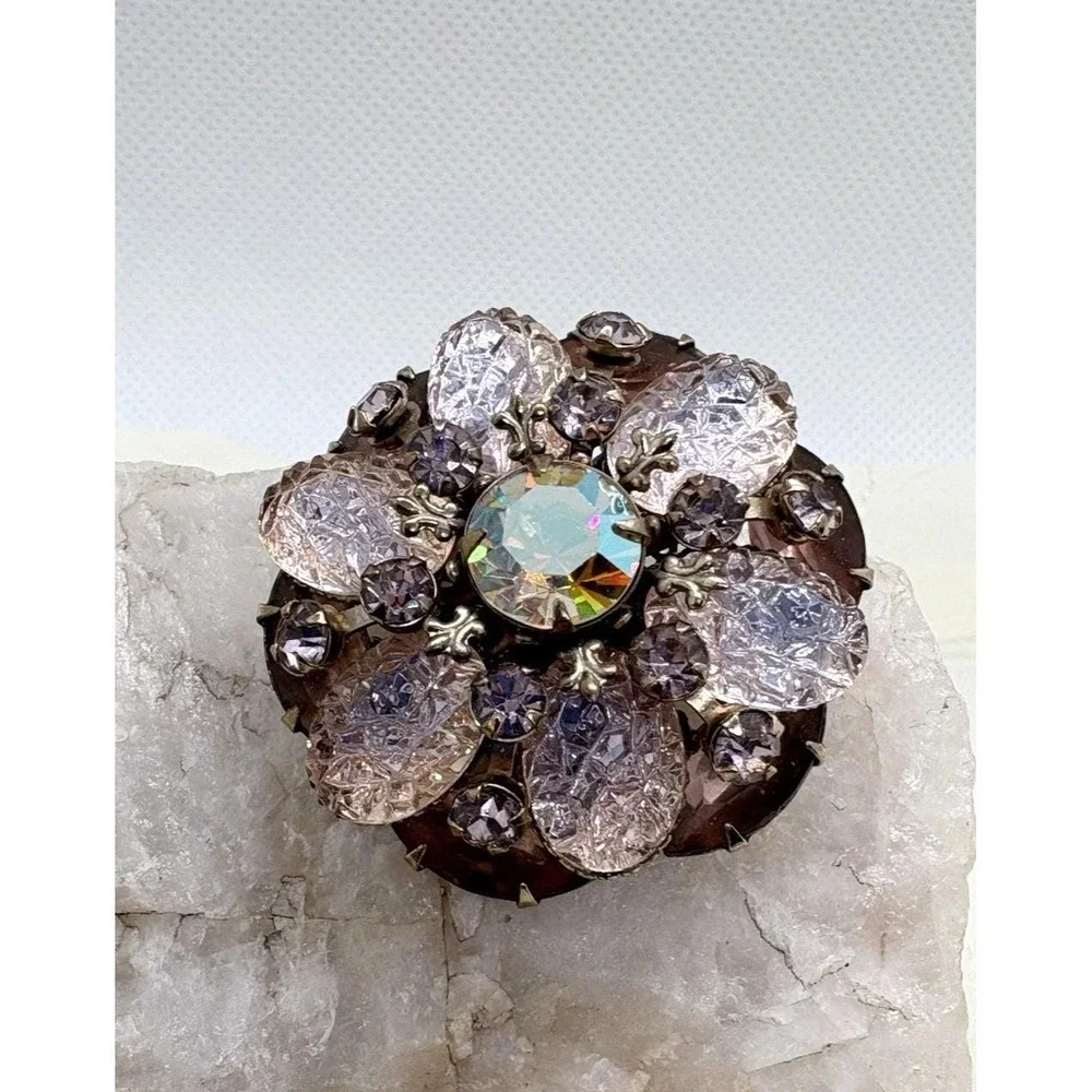 Vintage 1950s MCM Pink Lavender Rhinestone Brooch Clip On Earrings Matching‎ Set